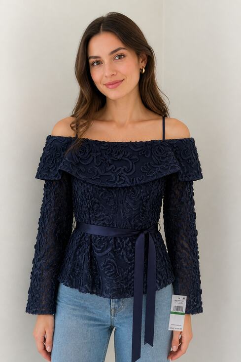 Alex Evenings Tops - Alex Evenings Navy Lace Off-Shoulder Petite Blouse LP